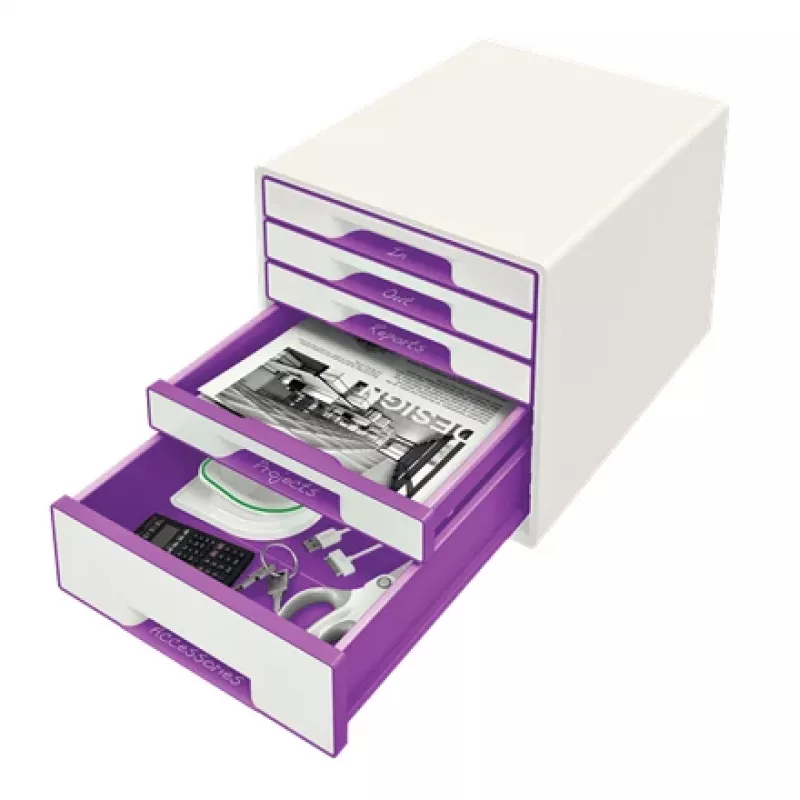 Leitz WOW Cube stalčius su 5 stalčiais, plastikas, violetinė/balta, 287 mm x 270 mm