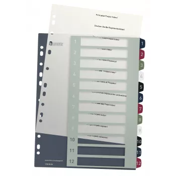 Leitz Index PC Printable 1-12 Style PP A4+ numeriniai skirtukai, polipropilenas, įvairiaspalviai, 245 mm