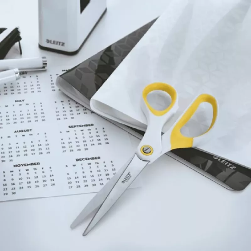 Leitz WOW Titanium biuro žirklės 205 mm, suaugusiems, tiesus pjūvis, baltos/geltonos spalvos