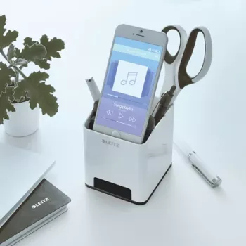 Leitz Sound Pen Holder WOW rašiklių stovas, juoda/balta, polistirolas, 90x101x100 mm, 140 g