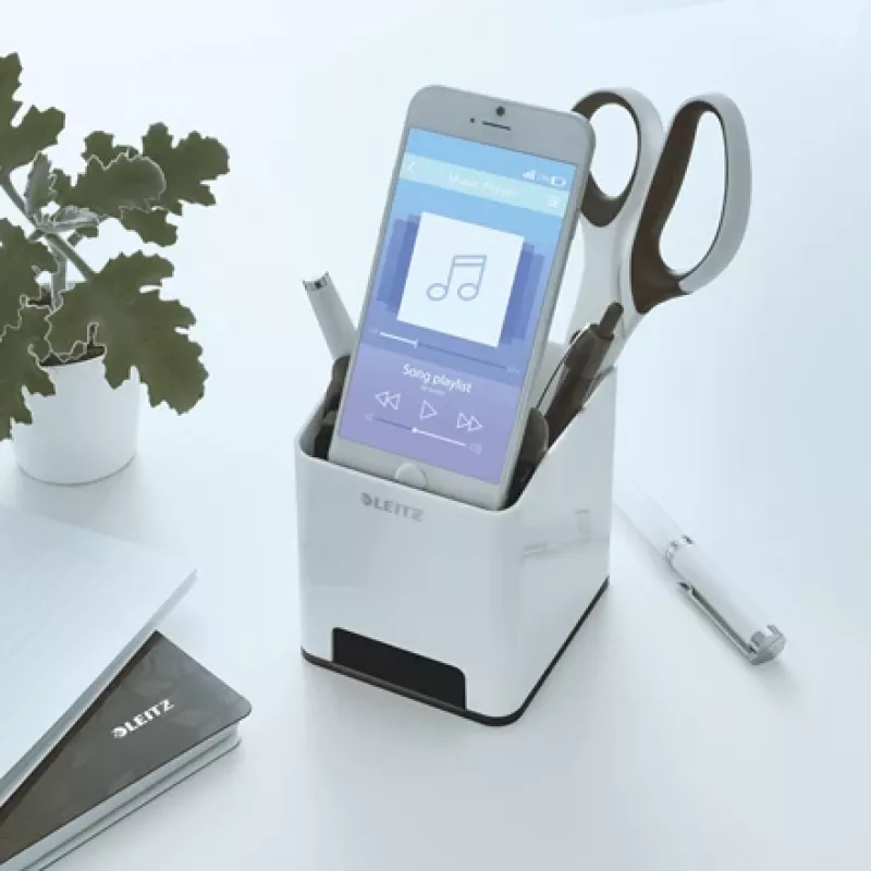 Leitz Sound Pen Holder WOW rašiklių stovas, juoda/balta, polistirolas, 90x101x100 mm, 140 g