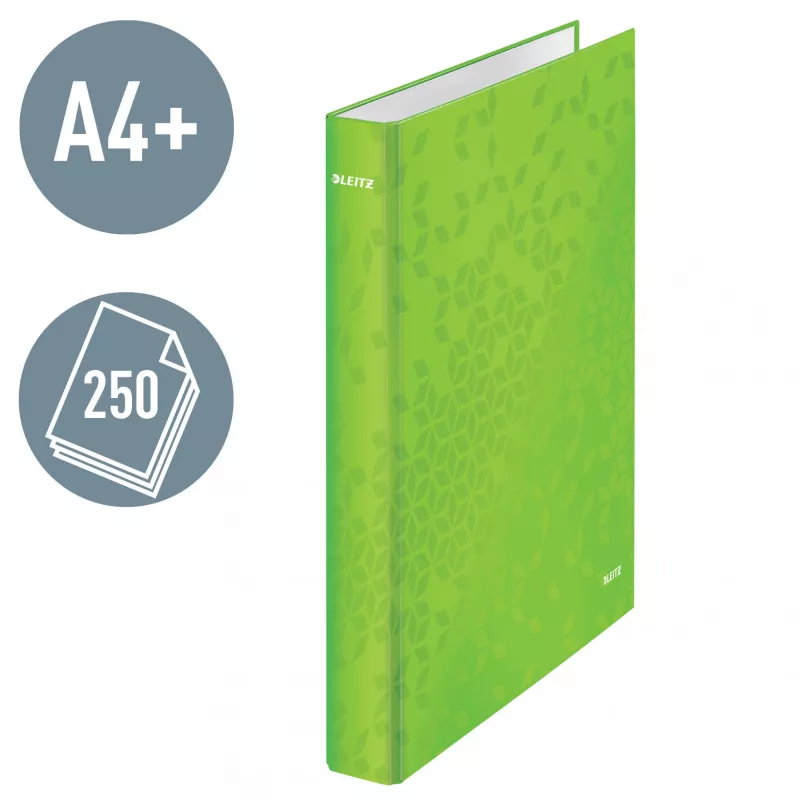 Leitz WOW aplankas su žiedais, laminuotas, A4+, 2D žiedai/25 mm, kartonas, žalia, 250 lapų, 80 g/m²