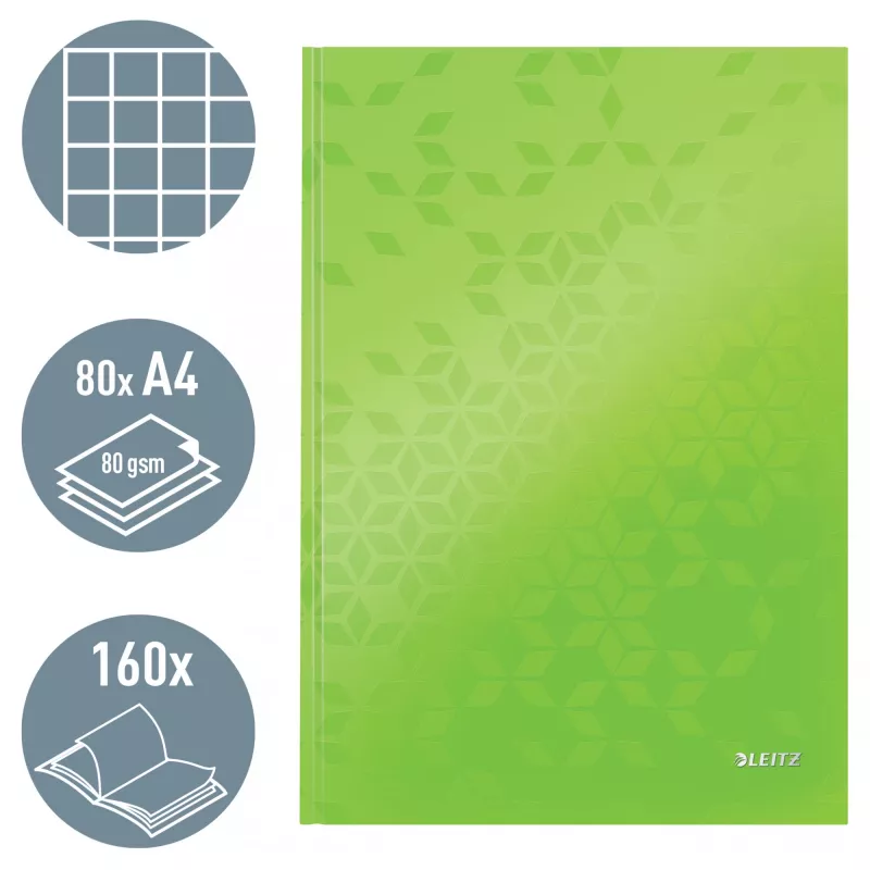Leitz Notebook WOW A4 kvadratinis kietu viršeliu 90g/80 lapų, raštas, žalia