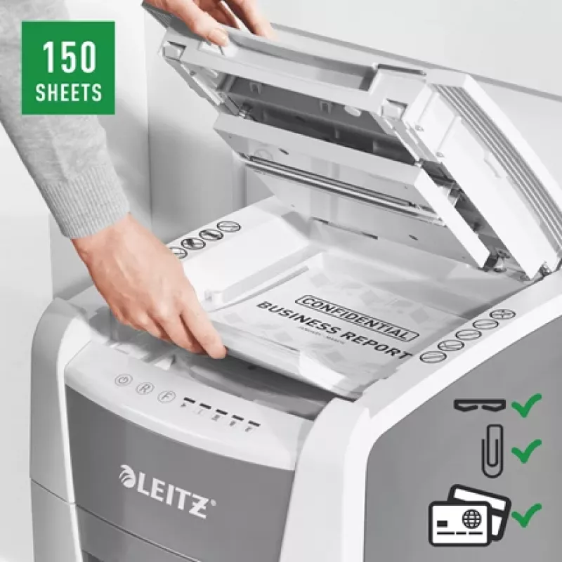 Leitz IQ Autofeed Office 150 automatinis popieriaus smulkintuvas P5, mikro smulkinimas, 22 cm, 2 x 15 mm, 44 l, 500 lapų, 55 dB