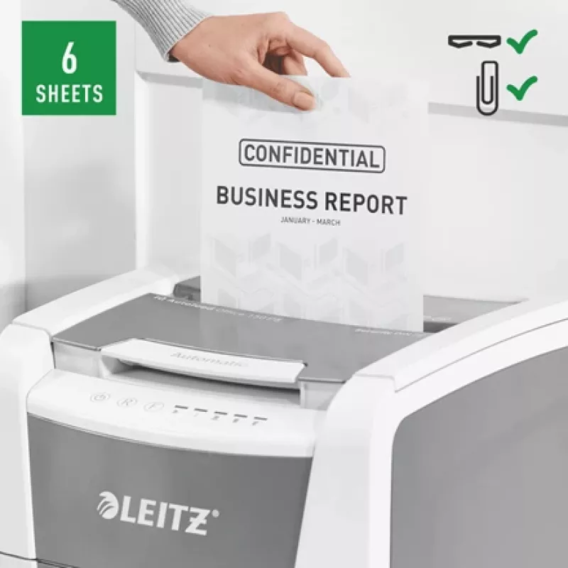 Leitz IQ Autofeed Office 150 automatinis popieriaus smulkintuvas P5, mikro smulkinimas, 22 cm, 2 x 15 mm, 44 l, 500 lapų, 55 dB