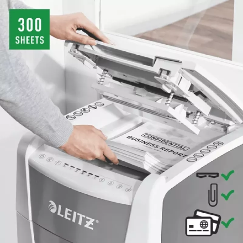 Leitz IQ Autofeed Office 300 automatinis popieriaus smulkintuvas P5, mikro pjūvis, 22 cm, 2 x 15 mm, 60 L, 700 lapų, 55 dB
