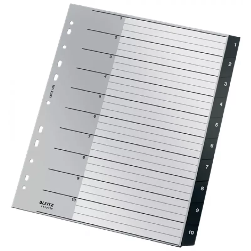 Leitz Recycle Index, perdirbtas, PP, itin platus, skaitmeninis skirtukų indeksas, polipropilenas, juoda, balta, portretinė, A4 Maxi, 160 g/m²