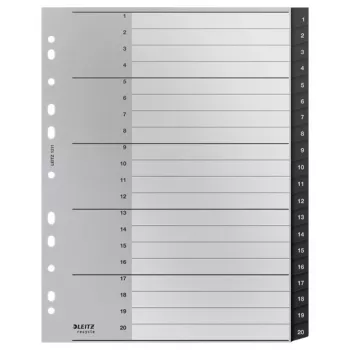 Leitz Recycle Index, PP, ypač platus, skaitmeninis skirtukų indeksas, polipropilenas (PP), juoda, balta, A4 Maxi, 160 g/m², 238 mm
