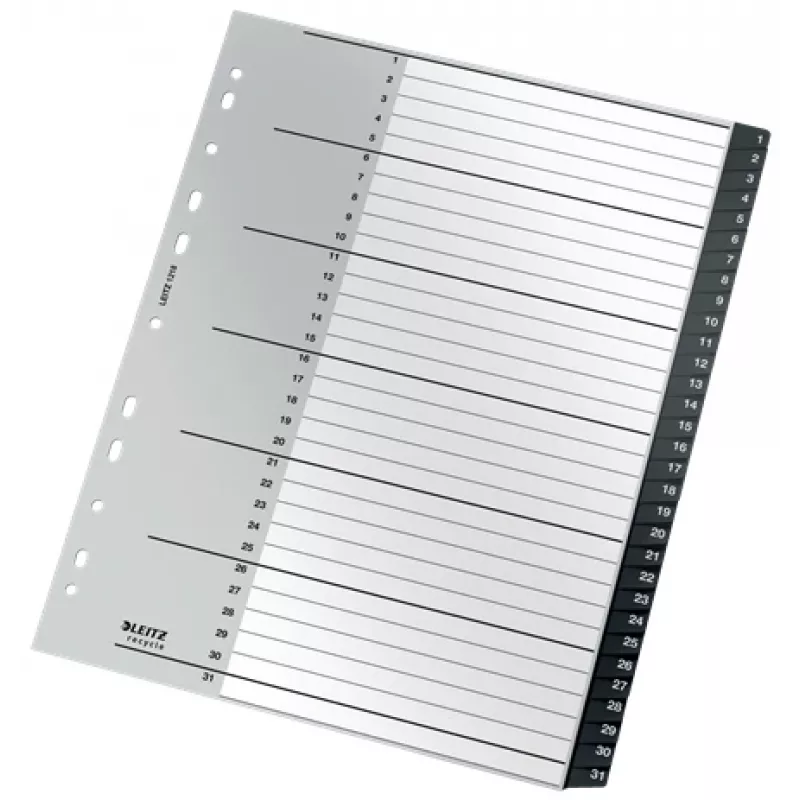 Leitz Recycle Index, PP, itin plati, skaitmeniniai skirtukai, polipropilenas (PP), juoda, balta, vertikali, A4 Maxi, 160 g/m²