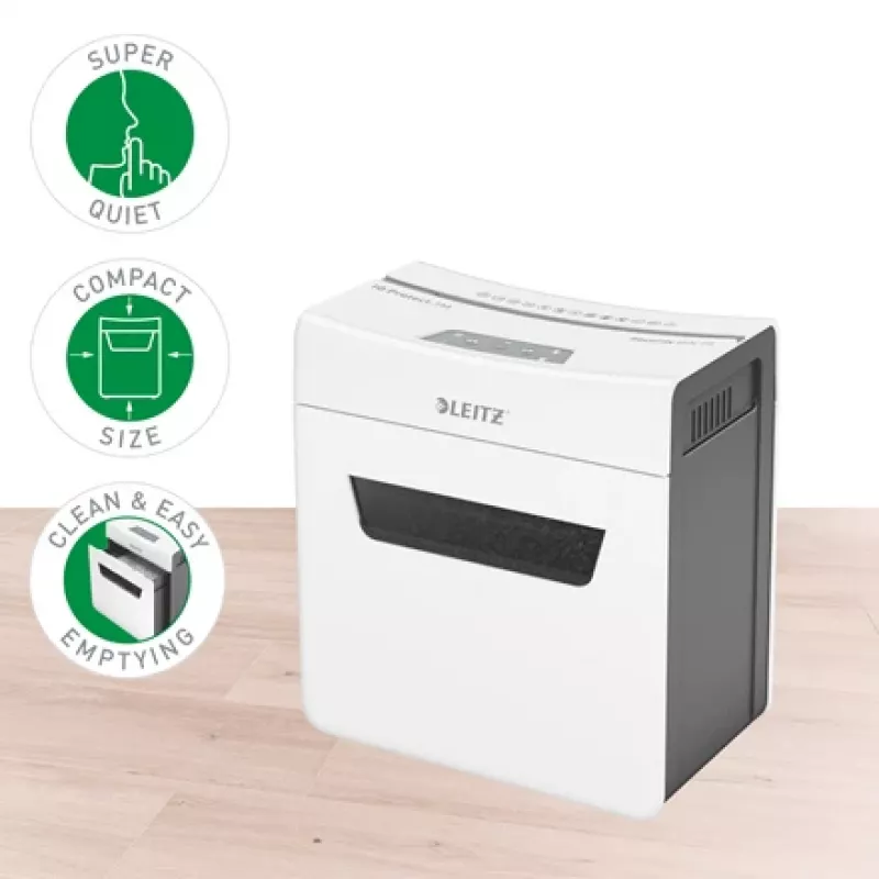 Leitz IQ Protect Premium popieriaus smulkintuvas 3M P5, mikro smulkinimas, 2 x 15 mm, 10 L, 3 lapai, 55 dB, jutiklinis valdymas