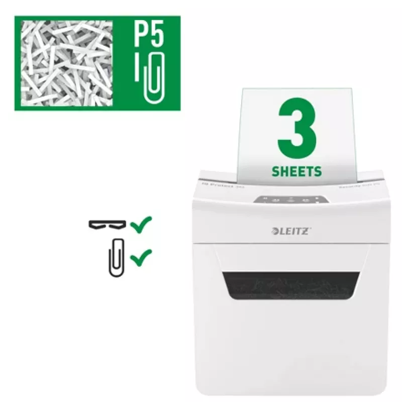 Leitz IQ Protect Premium popieriaus smulkintuvas 3M P5, mikro smulkinimas, 2 x 15 mm, 10 L, 3 lapai, 55 dB, jutiklinis valdymas