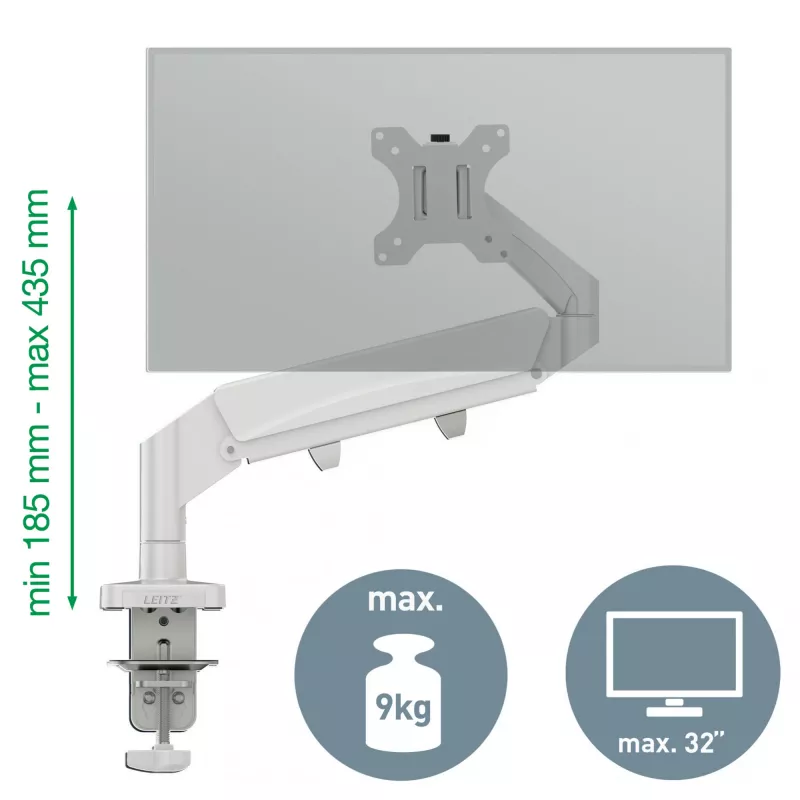 Leitz Ergo Space Saving Vieno Monitorio Laikiklis, Tvirtinimas Spaustuvu / Angoje, 9 kg, 43,2 cm (17 col.), 81,3 cm (32 col.), 100 x 100 mm, Pilka