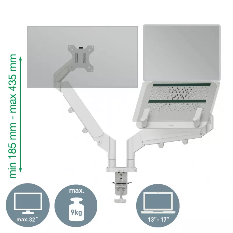 Leitz Ergo Space Saving dviejų monitorių ir nešiojamojo kompiuterio laikiklis, spaustuvas/laidas, 9 kg, 33 cm (13 col.), 81,3 cm (32 col.), 100 x 100 mm, pilka