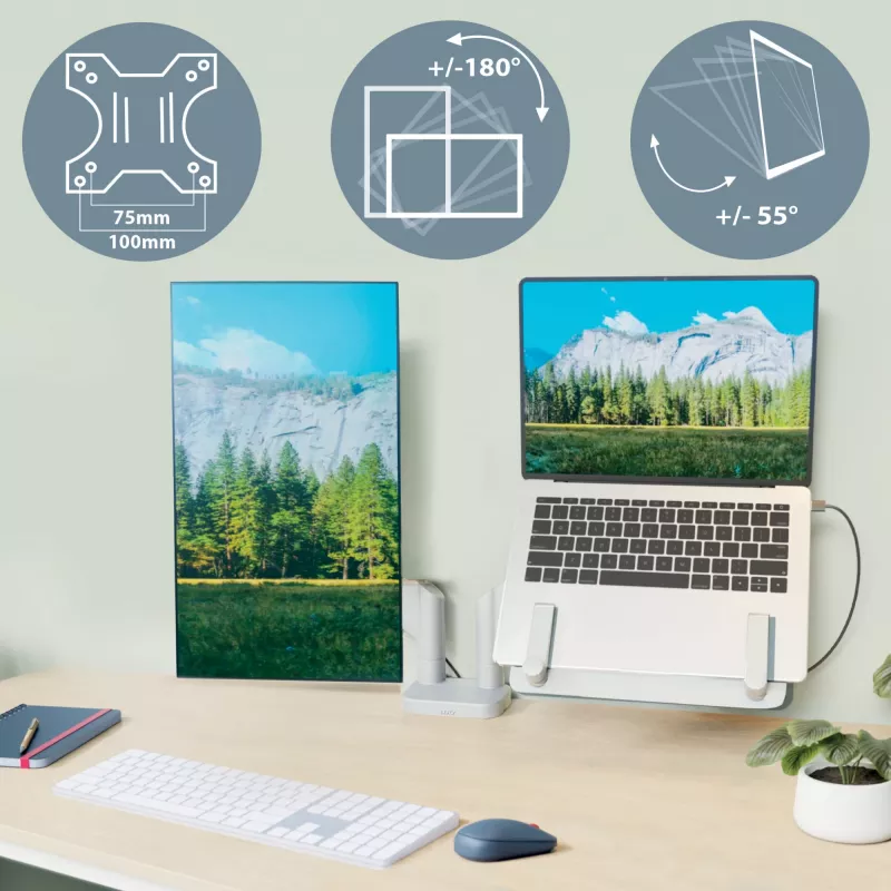 Leitz Ergo Space Saving dviejų monitorių ir nešiojamojo kompiuterio laikiklis, spaustuvas/laidas, 9 kg, 33 cm (13 col.), 81,3 cm (32 col.), 100 x 100 mm, pilka