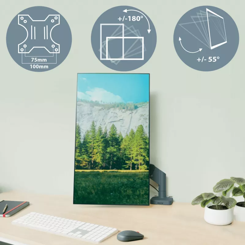 Leitz Ergo Space Saving dviejų monitorių ir nešiojamojo kompiuterio laikiklis, spaustuvas/varžtas, 18 kg, 43,2 cm (17 colių), 81,3 cm (32 coliai), 100 x 100 mm, tamsiai pilkas