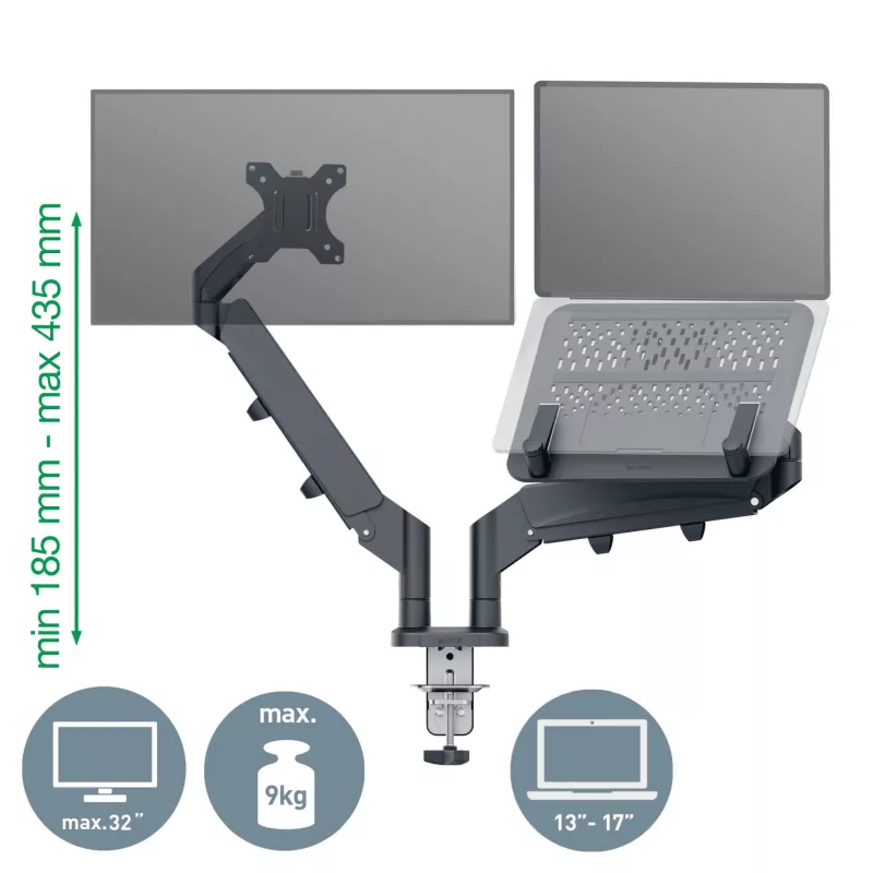Leitz Ergo Space Saving dviejų monitorių ir nešiojamojo kompiuterio laikiklis, spaustuvas/varžtas, 18 kg, 43,2 cm (17 colių), 81,3 cm (32 coliai), 100 x 100 mm, tamsiai pilkas