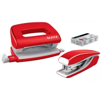 Leitz Mini WOV segiklio ir skylių perforatoriaus rinkinys, raudonas, 10 lapų, P2, metalas, 80 g/m², 3,5 cm