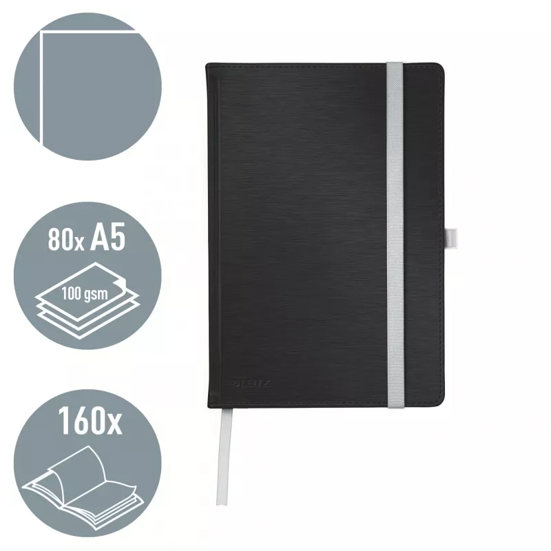 Leitz Style A5 sąsiuvinis lygiais lapais, kieti viršeliai, Monochromatic, juoda, 80 lapų, 100 g/m²