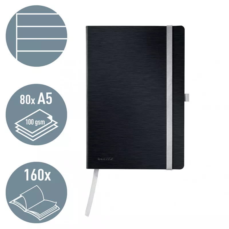 Leitz Style A5 bloknotas linijuotas, minkštas viršelis, juodas, 80 lapų, 100 g/m²