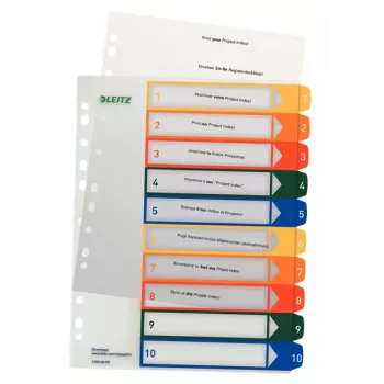 LEITZ Plastikiniai skyrikliai, numeriai, A4 Extra Wide, 1-10, rašomi kompiuteriu, permatomi su spalvotomis kortelėmis, PP, 10 dalių (1293-00-00)