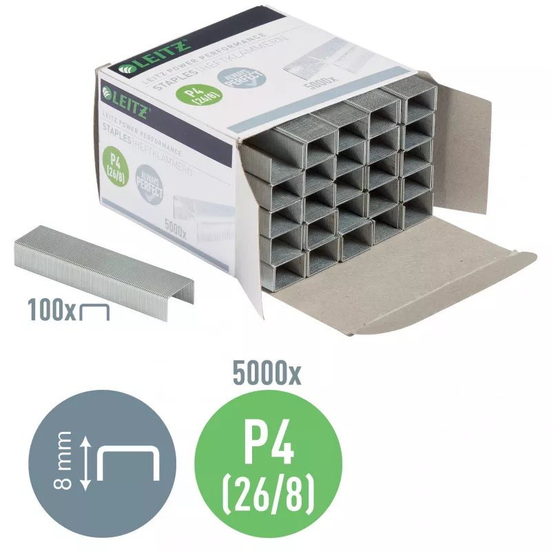 Leitz Power Performance P4 26/8 segtukai, dėžutė po 5000 vnt.