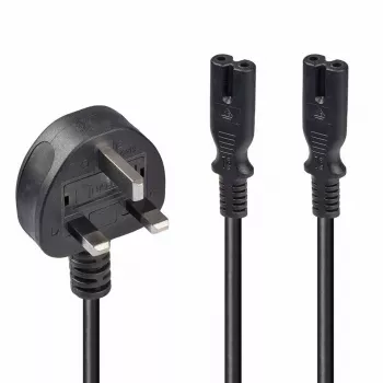 Lindy 2,5 m UK 3 kištukinis kištukas į 2 x IEC C7 skirstytuvą, juoda