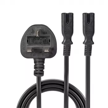 Lindy 2,5 m UK 3 kištukinis kištukas į 2 x IEC C7 skirstytuvą, juoda