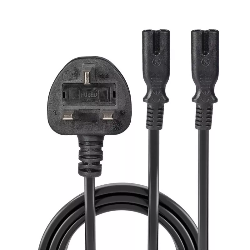 Lindy 2,5 m UK 3 kištukinis kištukas į 2 x IEC C7 skirstytuvą, juoda