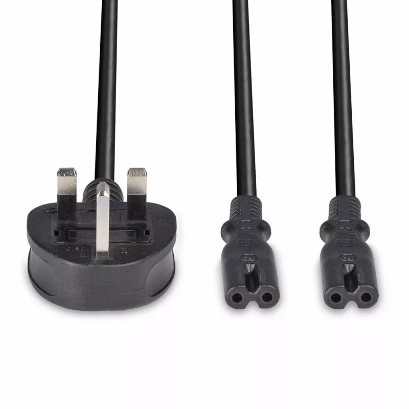 Lindy 2,5 m UK 3 kištukinis kištukas į 2 x IEC C7 skirstytuvą, juoda