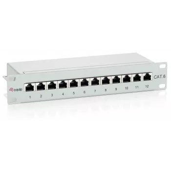 Equip 12 prievadų Cat.6 ekranuotas pataisos skydelis, šviesiai pilkas, RJ-45, auksuotas, Cat6, montavimui į stovą, 1U, pilkas