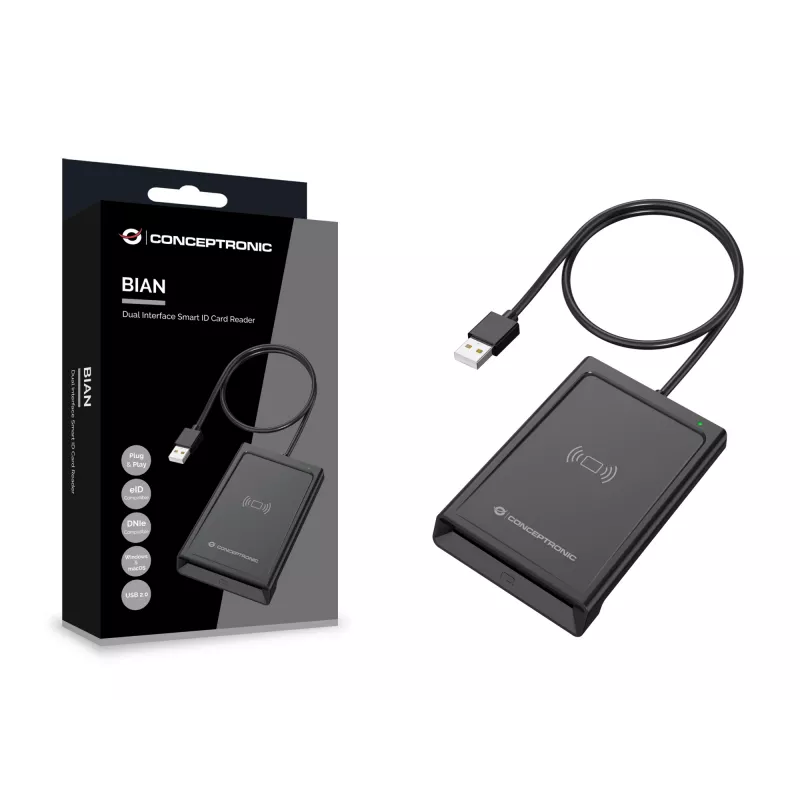 Conceptronic BIAN11B Dviejų sąsajų išmaniųjų kortelių skaitytuvas, USB 2.0, NFC, 1 m, juodas, 100 g