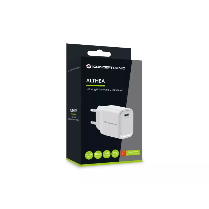 Conceptronic ALTHEA19W45 1 prievadas 45W GaN USB-C PD įkroviklis su PPS, PD 3.0, 100–240V, baltas