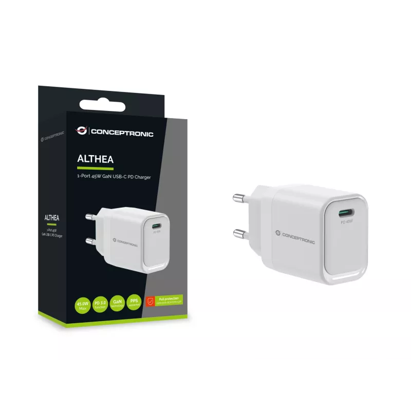 Conceptronic ALTHEA19W45 1 prievadas 45W GaN USB-C PD įkroviklis su PPS, PD 3.0, 100–240V, baltas