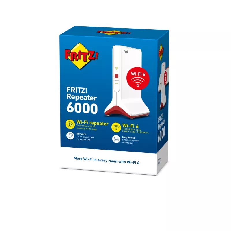 Wi-Fi 6 stiprintuvas AVM FRITZ!Repeater 6000 Edition International — triju juostų 6000 Mbps, 2x LAN, baltas
