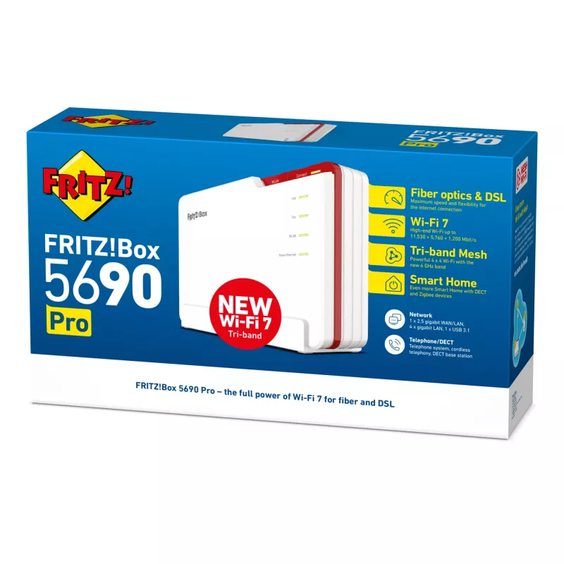 Belaidis maršrutizatorius FRITZ! 5690 Pro International, triju dažnių juostų (2,4 GHz / 5 GHz / 6 GHz), Wi‑Fi 7, 2,5 Gigabit Ethernet, SFP, USB, baltas