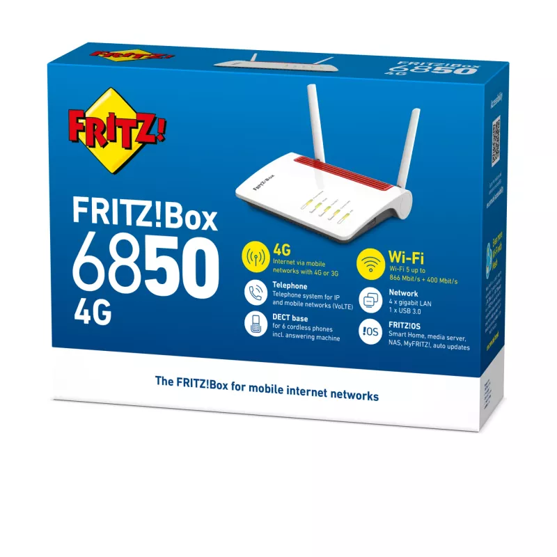 Belaidis maršrutizatorius FRITZ!Box 6850 4G International, Gigabit Ethernet, dvispalvis (2,4 GHz / 5 GHz), baltas