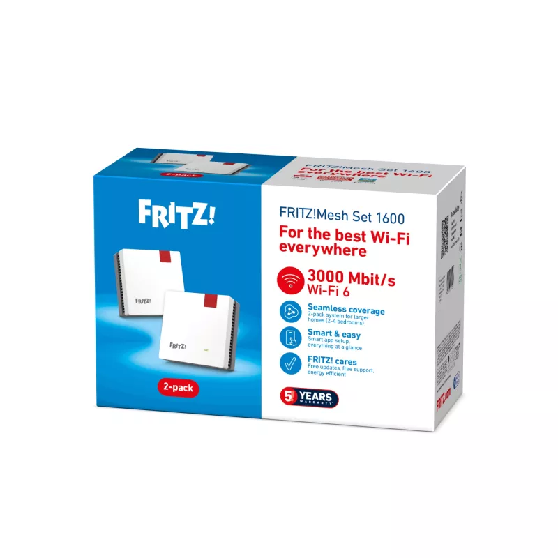 MESH rinkinys FRITZMESH SET 1600 2-PACK EDITION INTERNATIONAL, dviejų juostų (2,4 GHz / 5 GHz), Wi-Fi 6 (802.11ax), raudonas, baltas