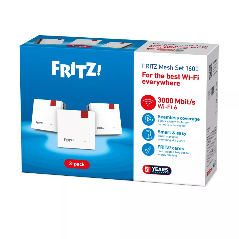 „Wi-Fi 6“ tinklo rinkinys FRITZMESH SET 1600 3-PACK EDITION INTERNATIONAL (raudona, balta)