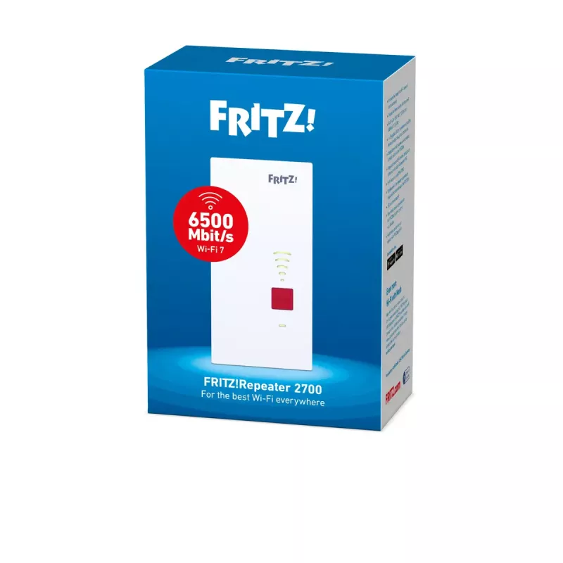 Wi-Fi stiprintuvas AVM FRITZ!Repeater 2700 (dviguba juosta, Wi‑Fi 7 802.11be, 6500 Mbit/s, 2,5 GbE, vidinės antenos)