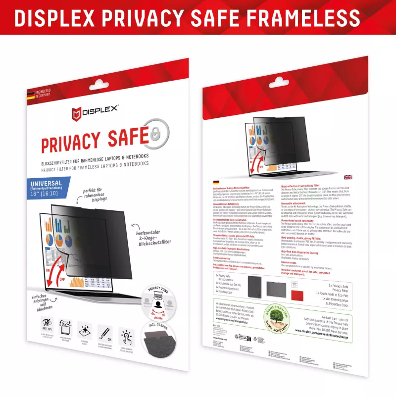 Displex PRIVACY SAFE nuimamas dvipusis privatumo filtras nešiojamam kompiuteriui (berėmliams) 16'' (16:10)