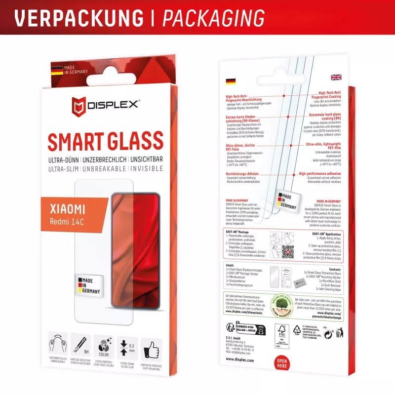 Displex Smart Glass (9H) apsauginis stiklas Xiaomi Redmi 14C, su montavimo lipduku, nedūžtantis