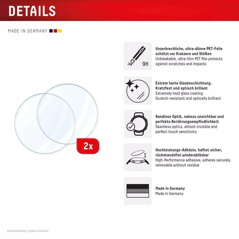 Apsauginis stiklas Galaxy Watch 8 (44 mm) e.v.i. Displex 9H, 2 vnt., itin plonas, be rėmelio, apsaugantis nuo pirštų atspaudų
