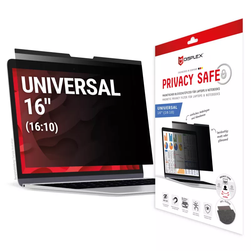 Privatumo filtras e.v.i. Displex PRIVACY SAFE magnetinis 2 krypčių 16 colių (16:10) nešiojamam kompiuteriui, berėmis, blizgus/matinis, 3H