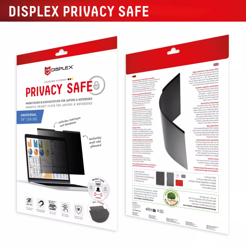 Privatumo filtras e.v.i. Displex PRIVACY SAFE magnetinis 2 krypčių 16 colių (16:10) nešiojamam kompiuteriui, berėmis, blizgus/matinis, 3H