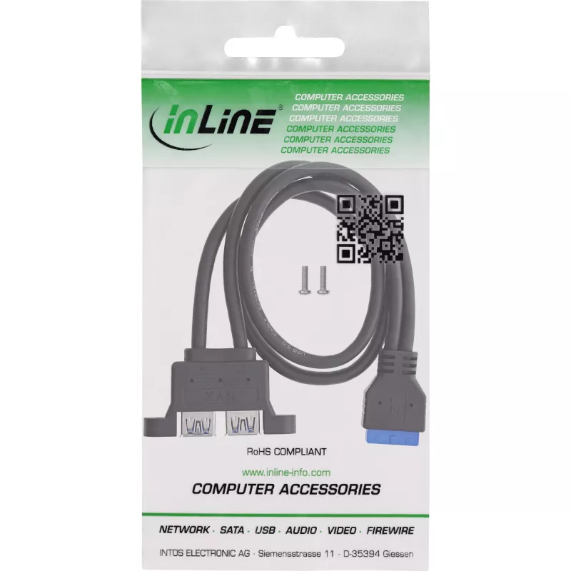 InLine 33390K Vidinė USB 3.2 Gen.1 jungtis, pagrindinė plokštė prie 2x USB-A lizdų, 0,45 m