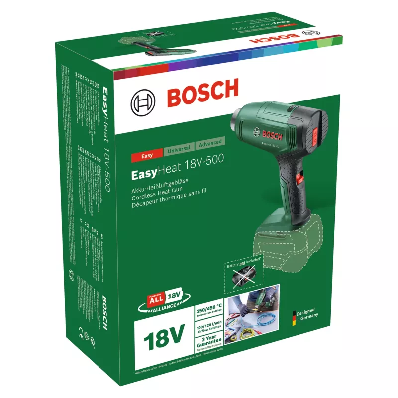 Karšto oro pistoletas Bosch EasyHeat 18V-500, 72 W, 350–450 °C, akumuliatorinis, žalias