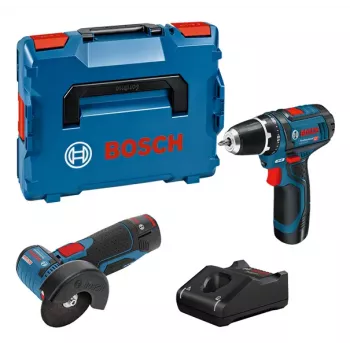 Bosch GSR 12V-15 + GWS 12V-76 + 2 baterijos 2 Ah + GAL 12V-40 (L) Professional rinkinys