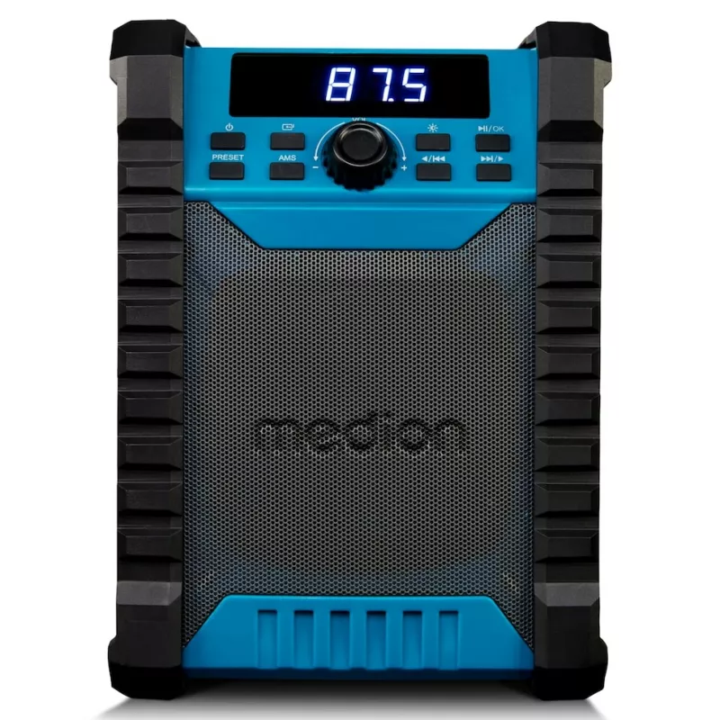 Nešiojamas skaitmeninis radijas MEDION LIFE E65895 (MD 43895) – PLL imtuvas, 10 W RMS, LCD, Bluetooth 10 m, IP54, išorinė antena, juoda/mėlyna