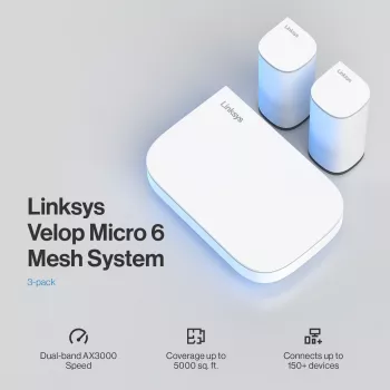 Linksys Velop Micro 6 tinklo sistema – Dviejų juostų WiFi 6 AX3000 (3 vnt.)