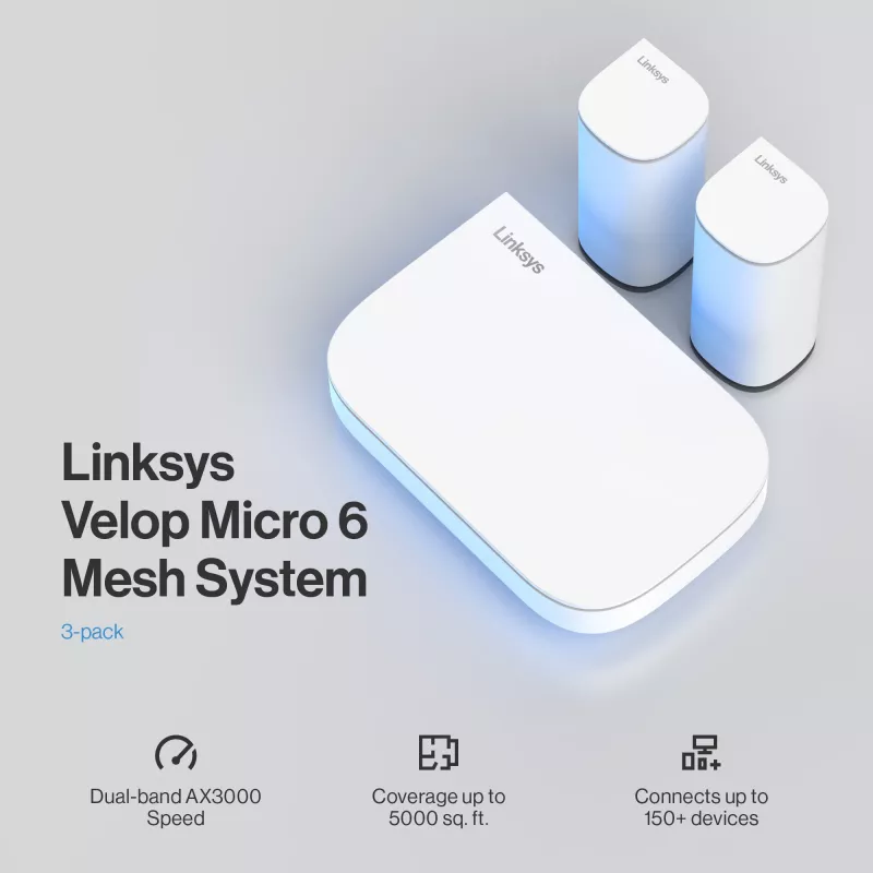 Linksys Velop Micro 6 tinklo sistema – Dviejų juostų WiFi 6 AX3000 (3 vnt.)